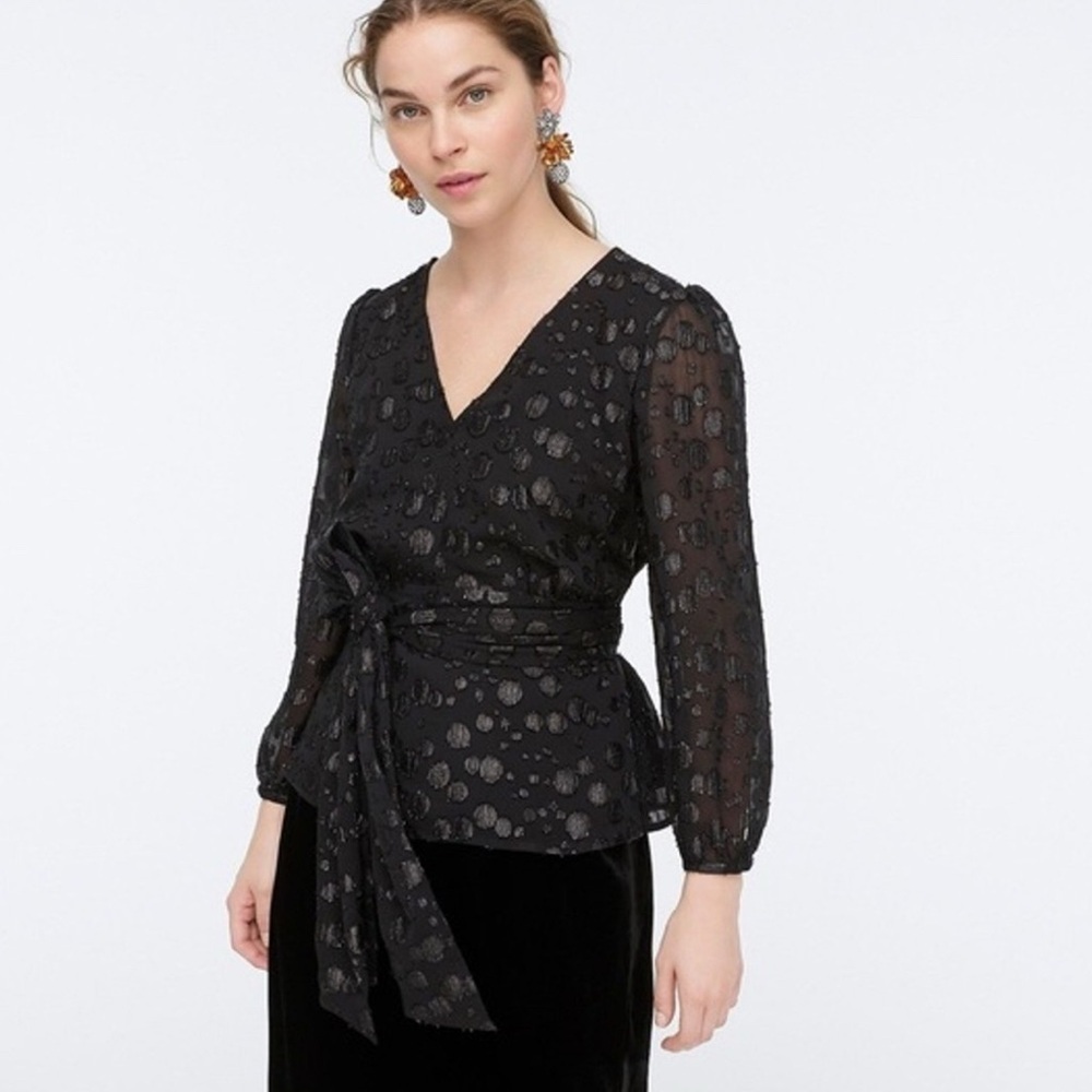 J. Crew Tie-waist V-neck top in black metallic dot jacquard M Casual Business - Picture 2 of 14